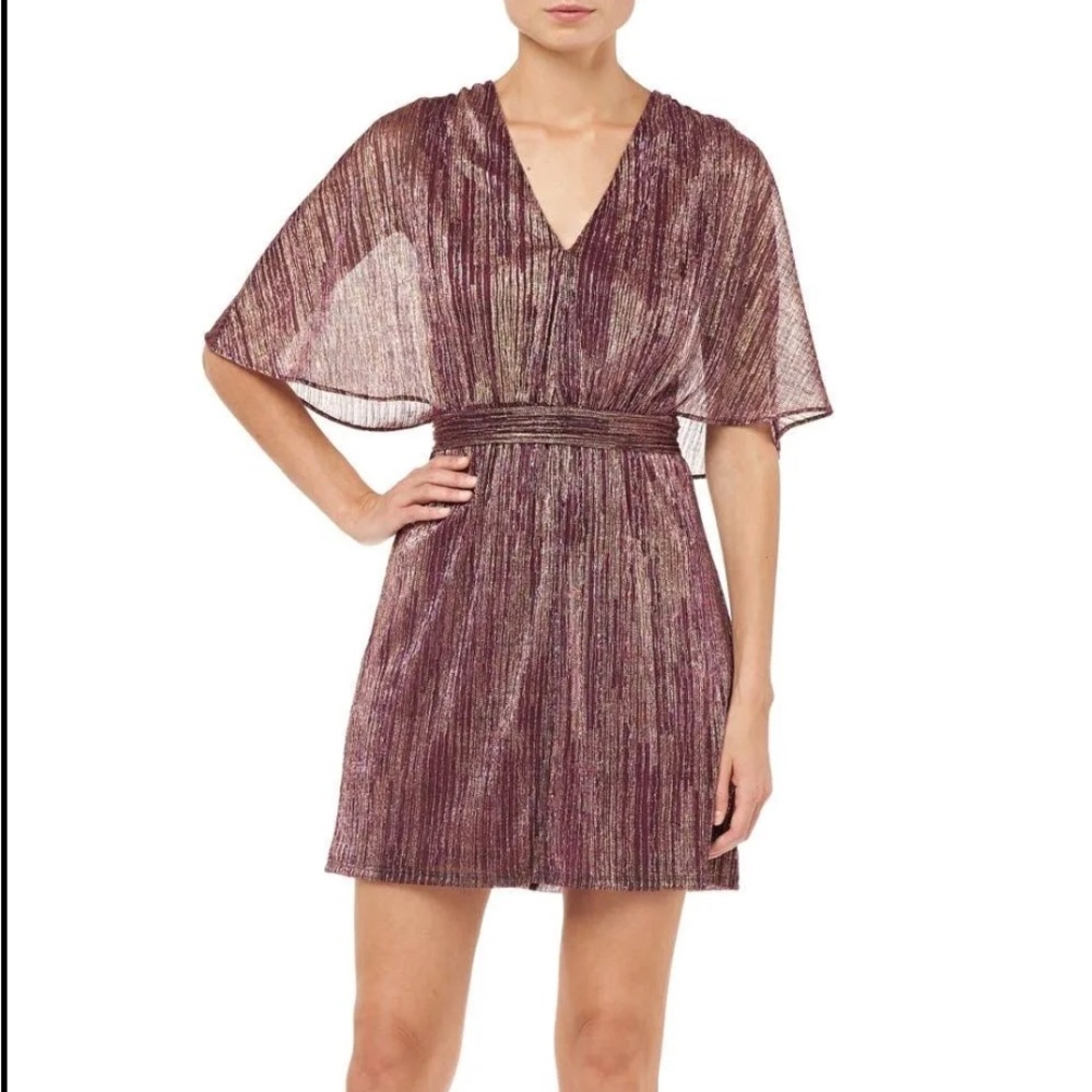 Halston Heritage Metallic Stripe Capelet Cocktail Dress in Goldenberry